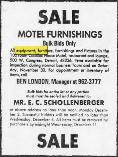 Cadillac House Motel - Nov 1974 Liquidation